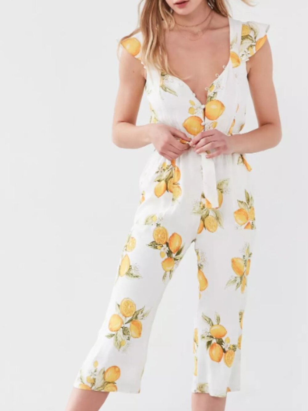 For Love & Lemons "Limonada" Off White Lemon Print Cropped Jumpsuit Size S